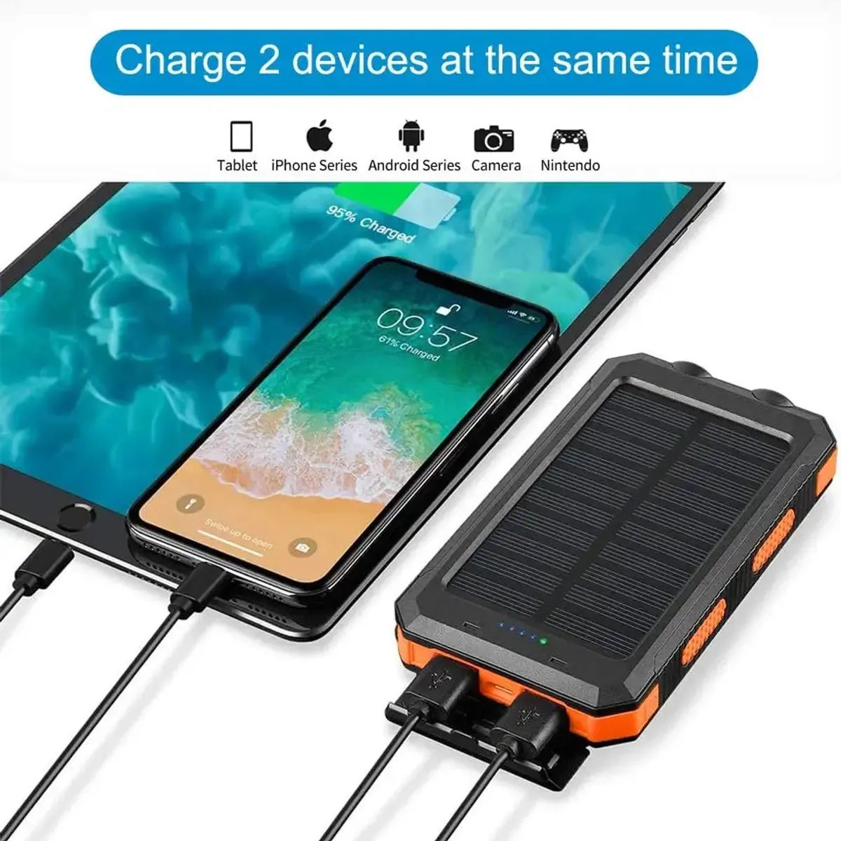 Cargador Solar Portátil 20000mAh Linterna a Prueba de Agua y polvo 2 Puertos USB, marca GENERICO - Foto 2
