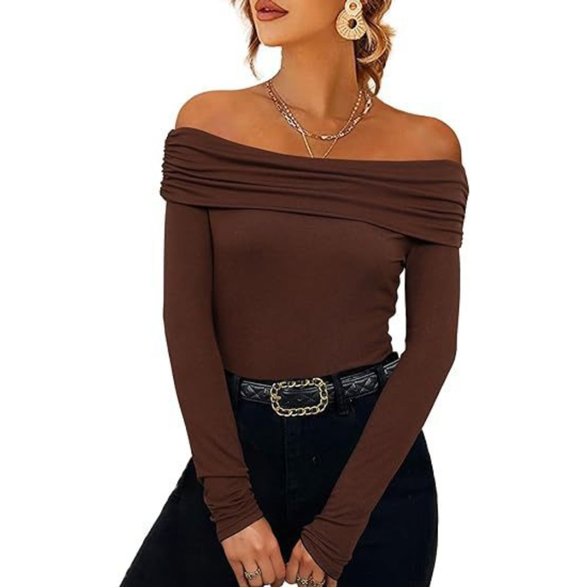 GIOIO - Blusa Mujer Casual Ajustada Elegante Marrón
