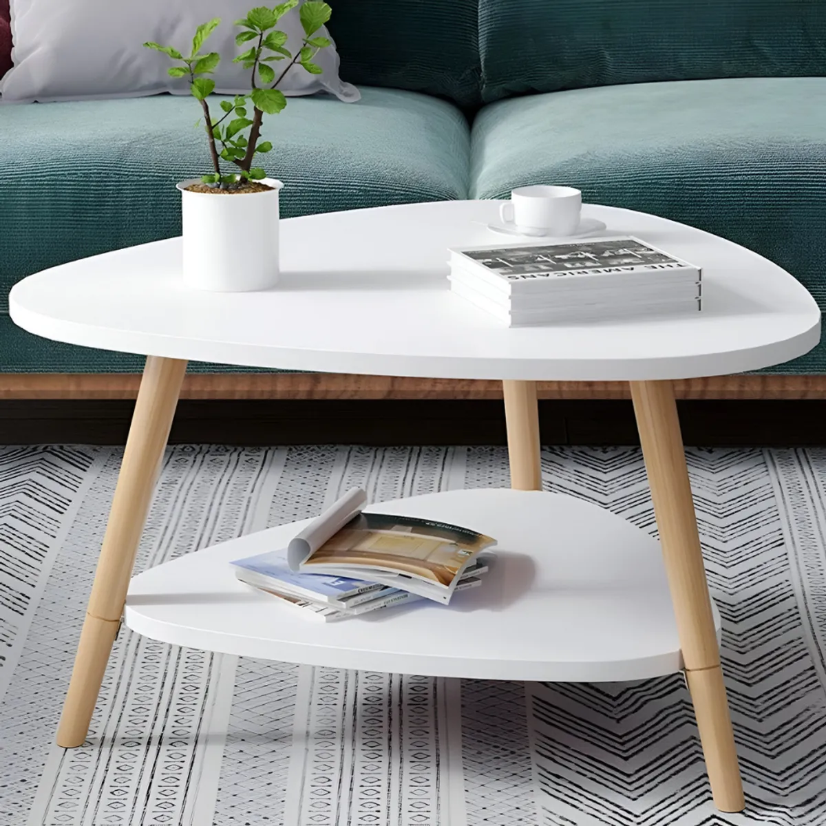 GENERICO - Mesa de centro triangular 60×60×42 cm blanca 2 niveles