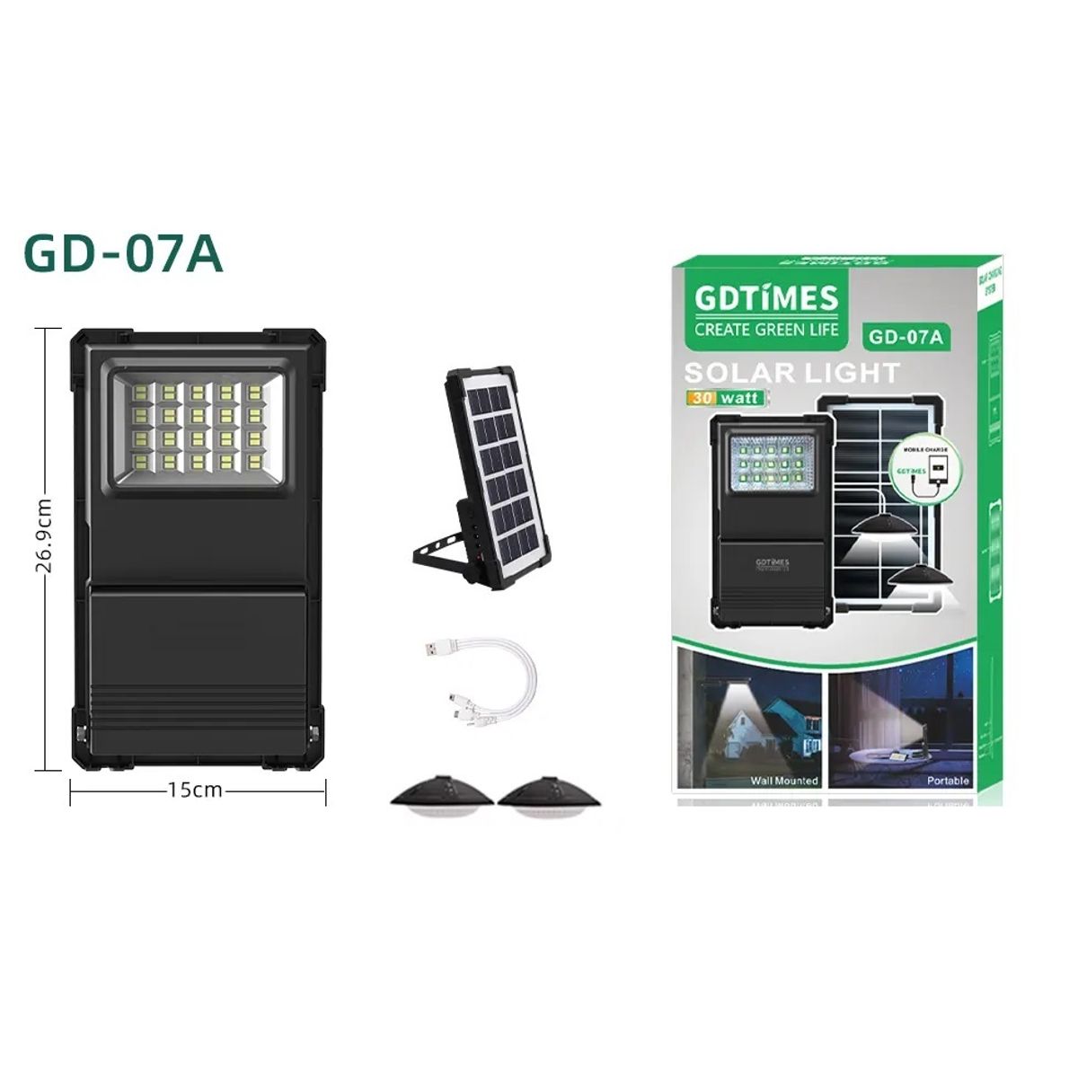 GENERICO - Lámpara Solar Portátil con Panel Policristalino Luz LED de Alta Potencia y Cargador USB  30W IP65