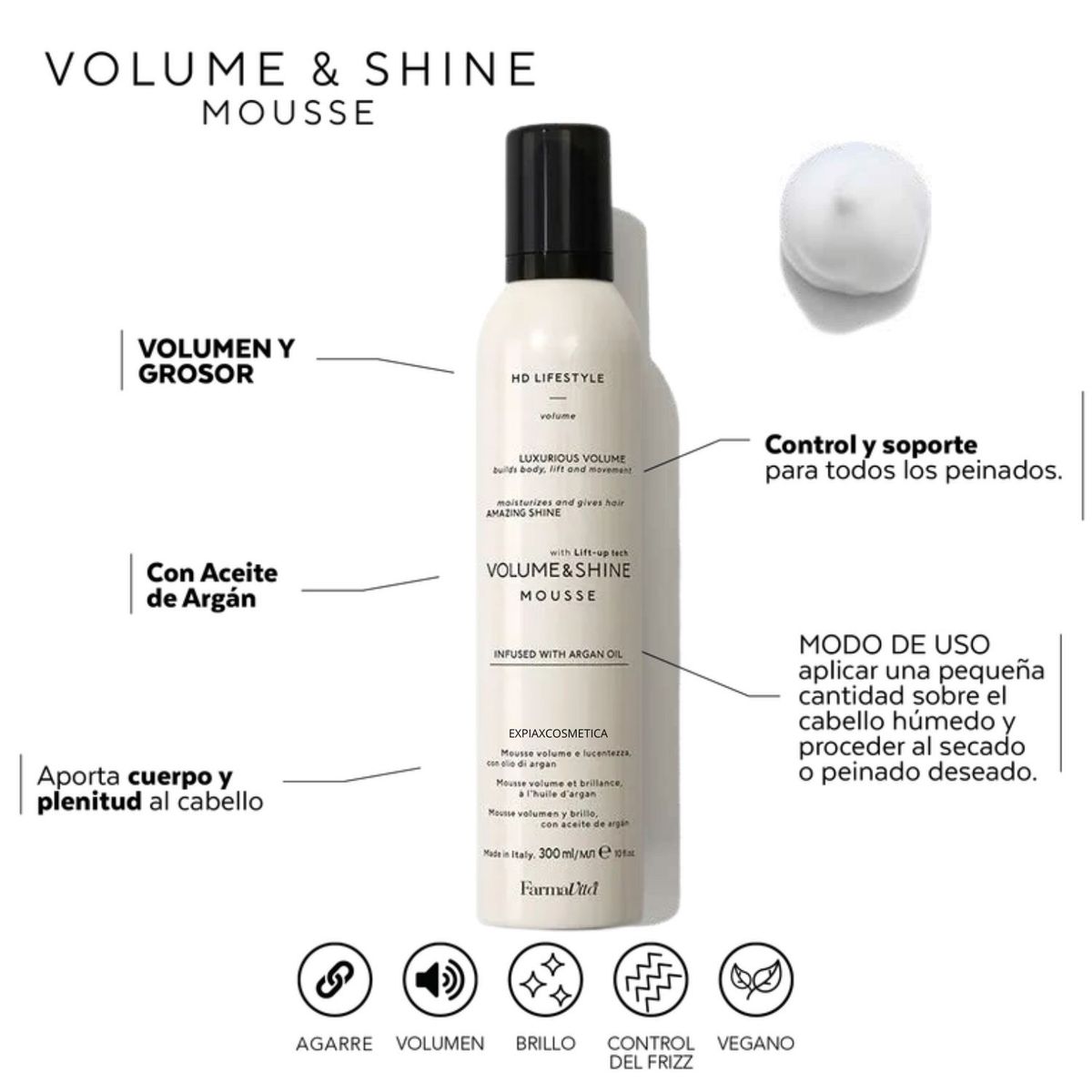 FARMAVITA - Mousse Volumne & Shine Farmavita 300ml Brillo Volumen Nutre Definicion Controla el Frizz