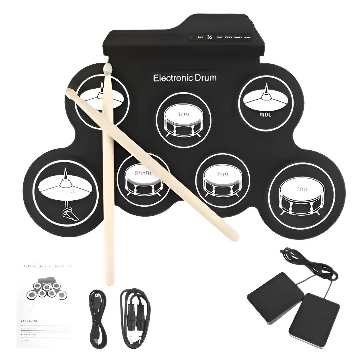 GENERICO - Tambor Electrónico Portátil Digital 7 Pad 2 Pedales Negro