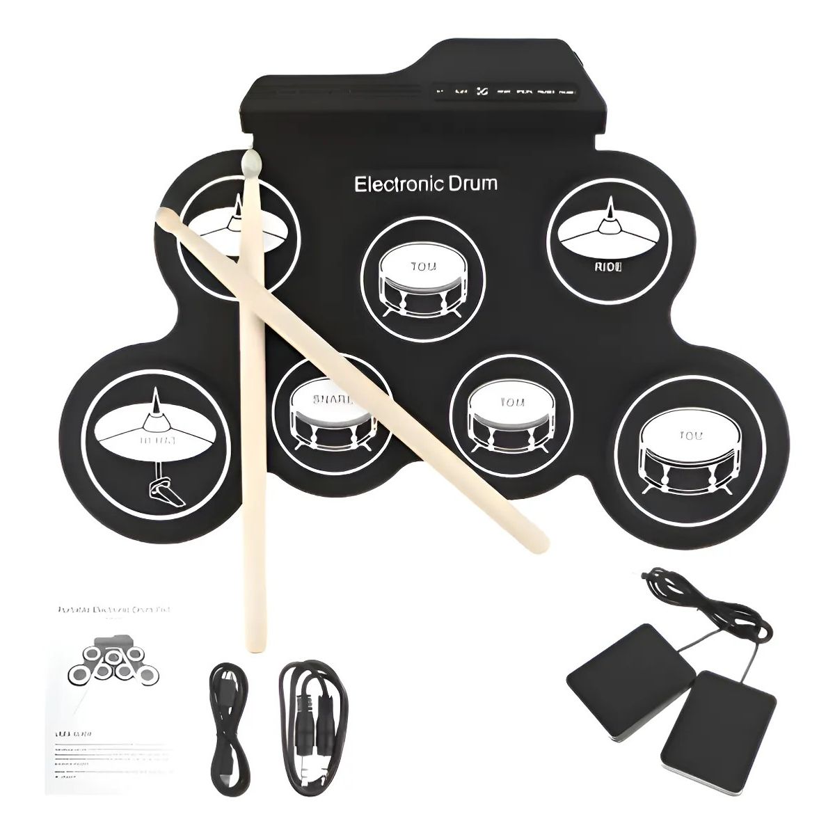 GENERICO - Tambor Electrónico Portátil Digital 7 Pad 2 Pedales Negro