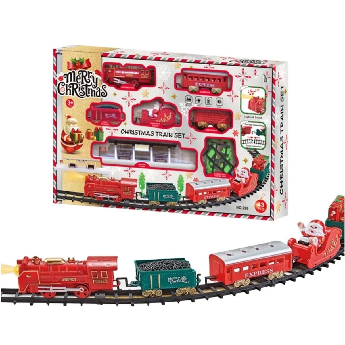 GENERICO - TREN DE NAVIDAD 43 PIEZAS CON LUZ Y SONIDO 7,9 METROS DE RIEL