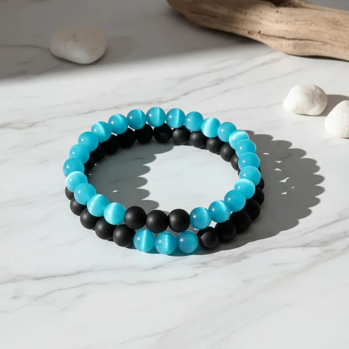 GENERICO - Pulsera Conjunto Piedra Onix Y Ojo De Gato Hombre Mujer Royal Madriz