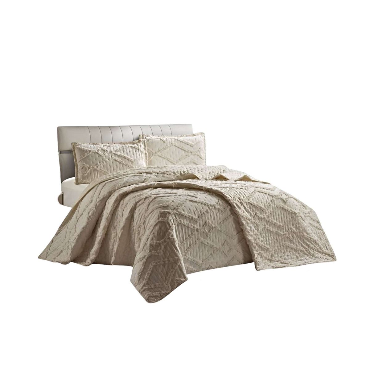GENERICO - CUBRECAMA QUILT CON DISEÑO GEOMETRICO RELIEVE 2 PLAZAS BEIGE