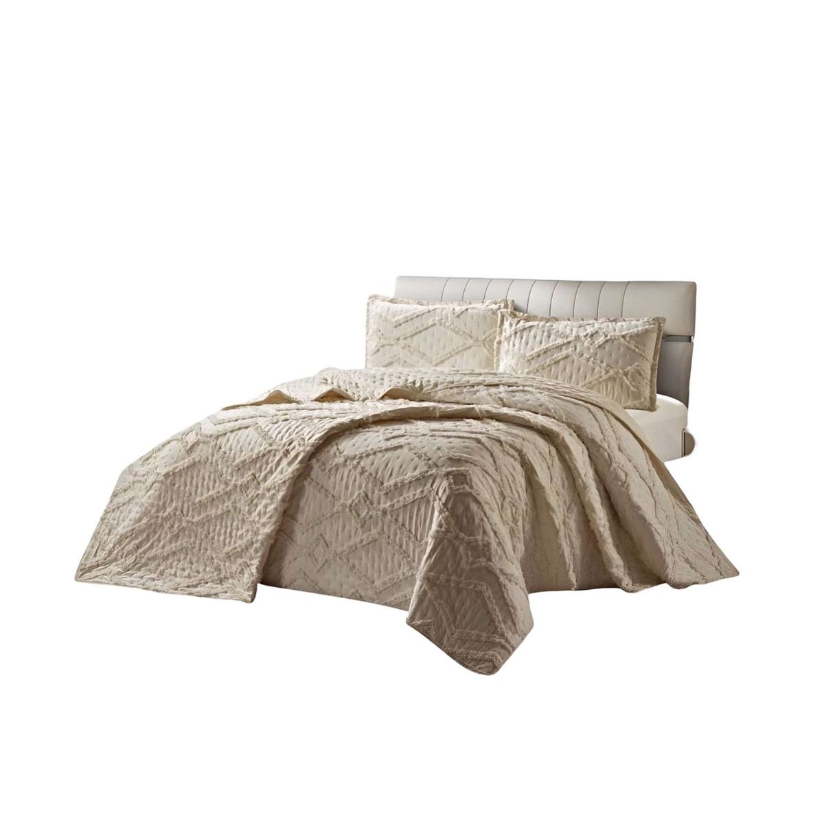 GENERICO - CUBRECAMA QUILT CON DISEÑO GEOMETRICO RELIEVE 2 PLAZAS BEIGE