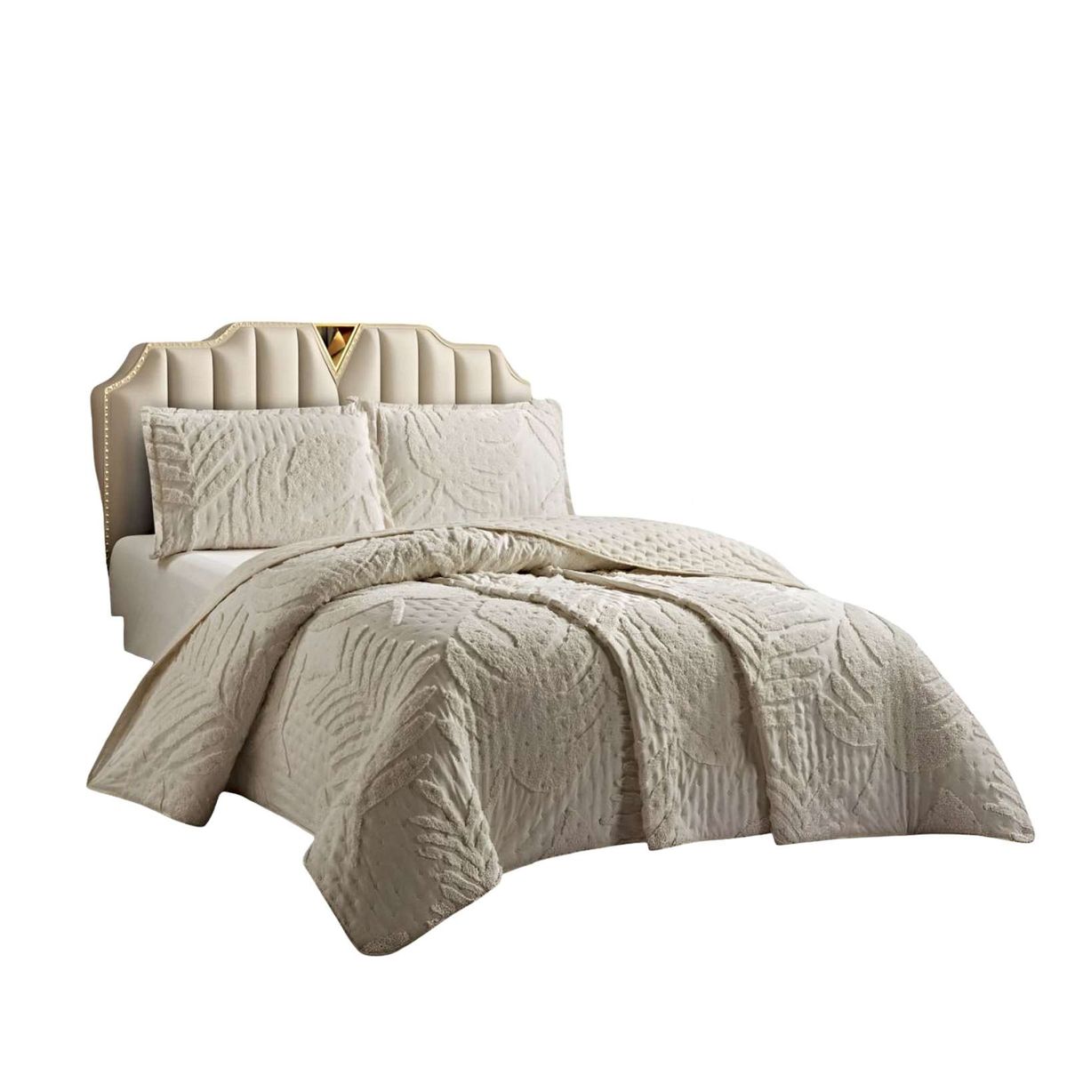 GENERICO - CUBRECAMA QUILT CON DISEÑO HOJA RELIEVE PLAZA Y MEDIA BEIGE