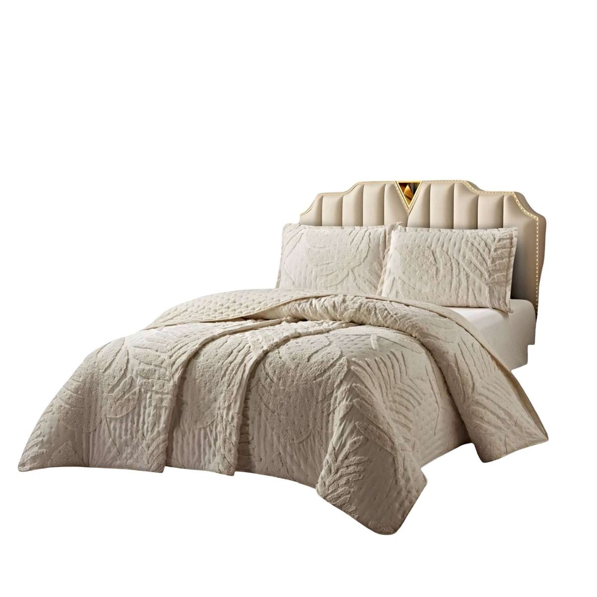GENERICO - CUBRECAMA QUILT CON DISEÑO HOJA RELIEVE PLAZA Y MEDIA BEIGE