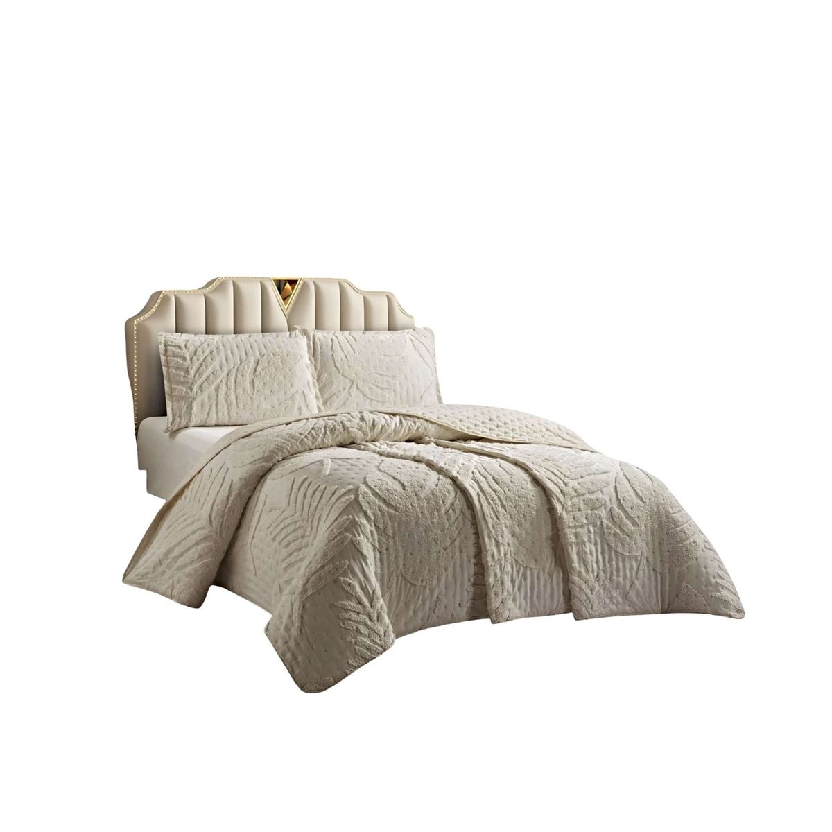 GENERICO - CUBRECAMA QUILT ESTILO HOJA RELIEVE 2 PLAZAS BEIGE