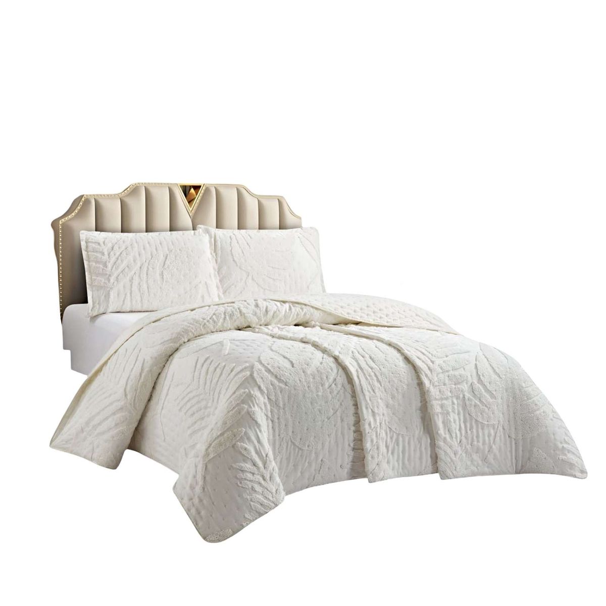 GENERICO - CUBRECAMA QUILT ESTILO HOJA RELIEVE 2 PLAZAS BLANCO