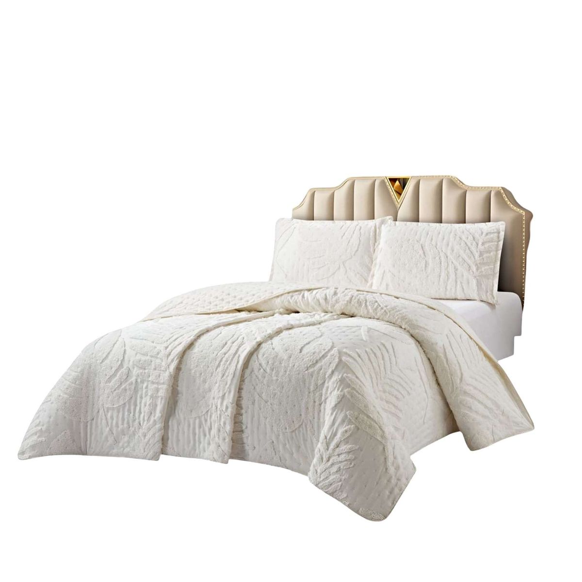 GENERICO - CUBRECAMA QUILT ESTILO HOJA RELIEVE 2 PLAZAS BLANCO