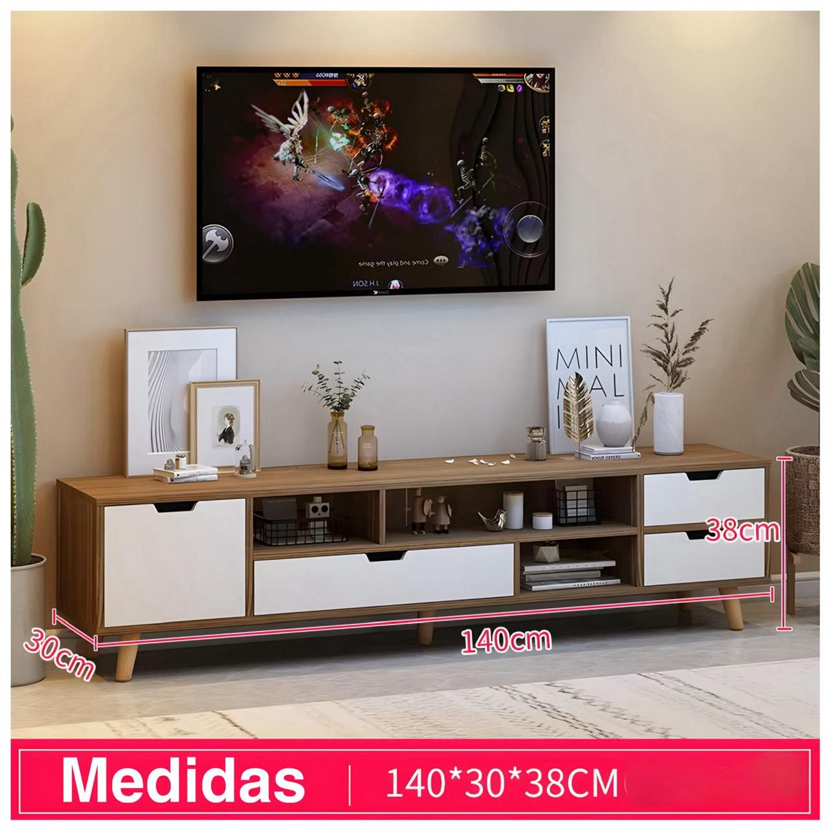 ACTUAL - Mueble de Tv Moderno 140x30x38 Cm Rack De Madera Con Cajones