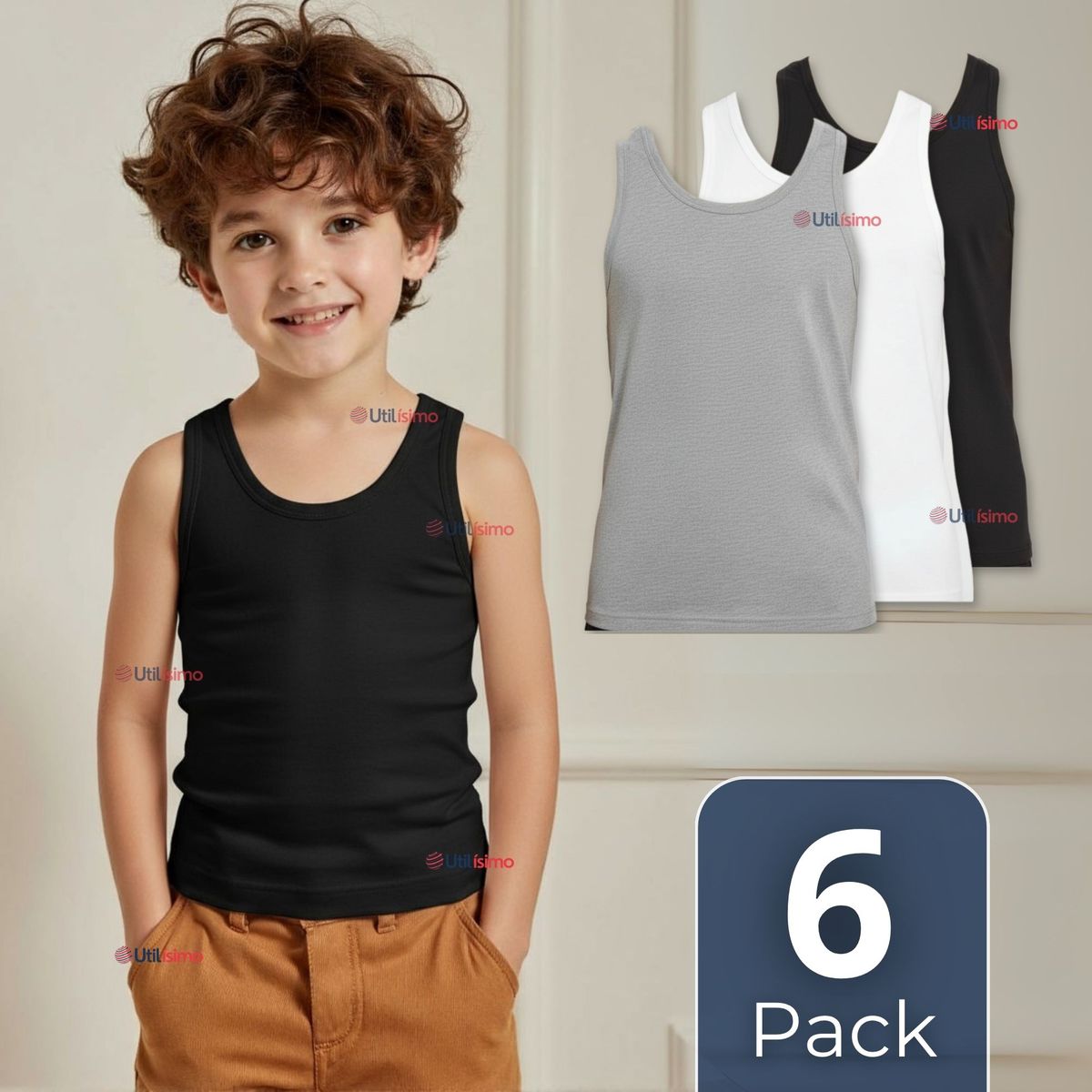 UTILISIMO - Pack 6 Camiseta Sin Manga Básica Suave 100% Algodón Colores Surtidos Niño y juvenil