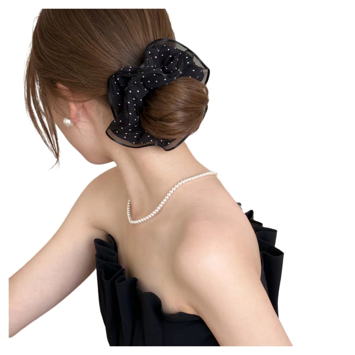 GENERICO - Scrunchie Grande Doble Negro Con Lunares  XL