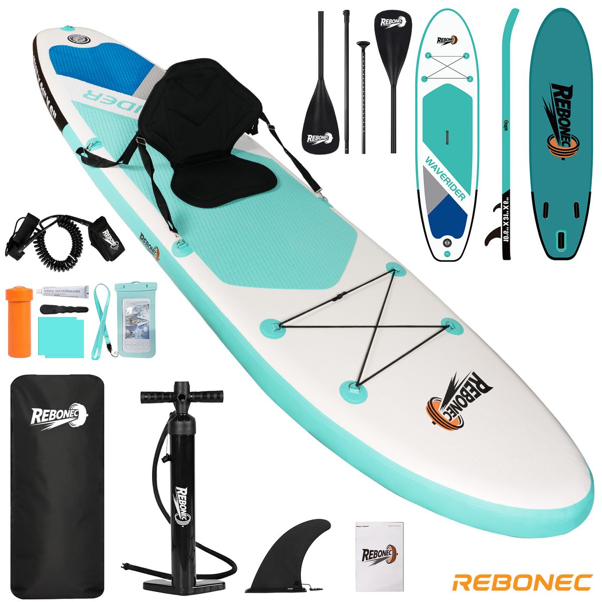 REBONEC - Set Tabla Stand Up Paddle Surf Inflable NÁVIA 320x81x15CM Verde Con Azul