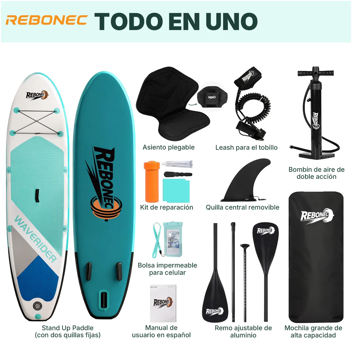 REBONEC - Set Tabla Stand Up Paddle Surf Inflable NÁVIA 320x81x15CM Verde Con Azul