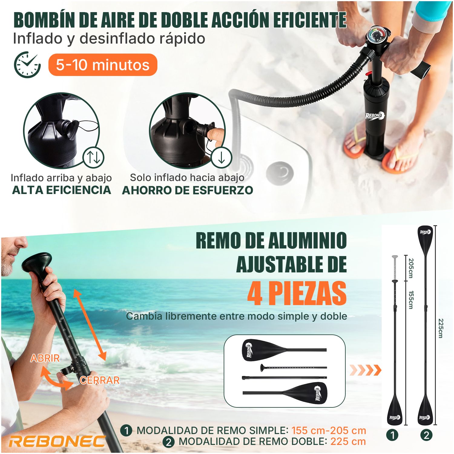 REBONEC Set Tabla Stand Up Paddle Surf Inflable NÁVIA 320x81x15CM