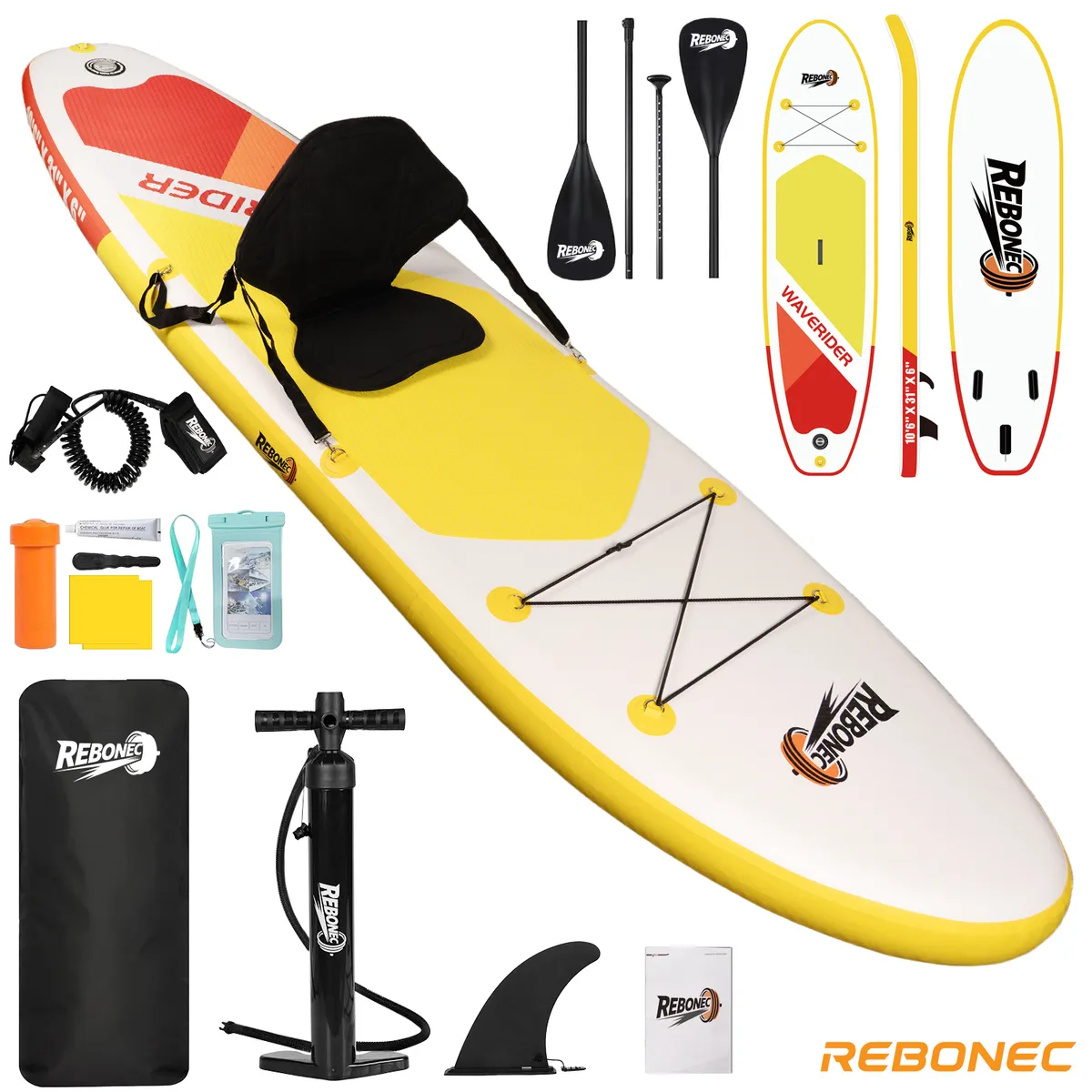REBONEC - Set Tabla Stand Up Paddle Surf Inflable NÁVIA 320x81x15CM Rojo Con Amarillo