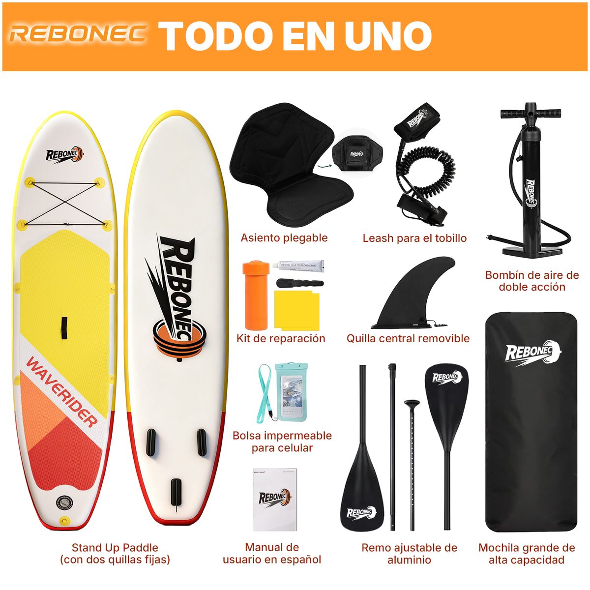 REBONEC - Set Tabla Stand Up Paddle Surf Inflable NÁVIA 320x81x15CM Rojo Con Amarillo