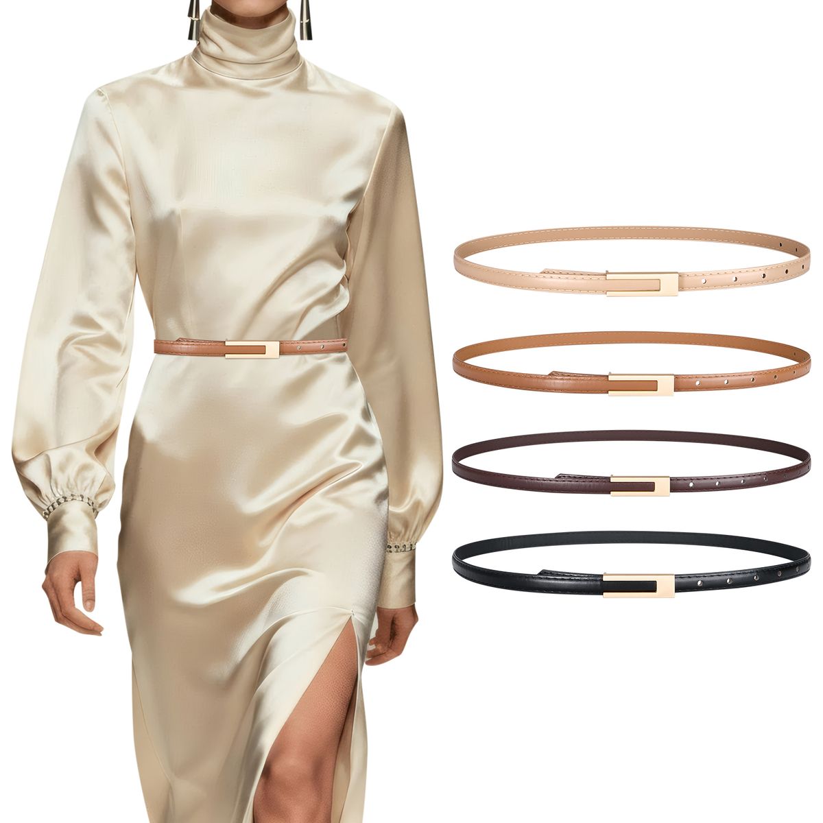 SLOWTON - Cinturón de Cuero para Mujer Ajustable con Hebilla 4 PCS