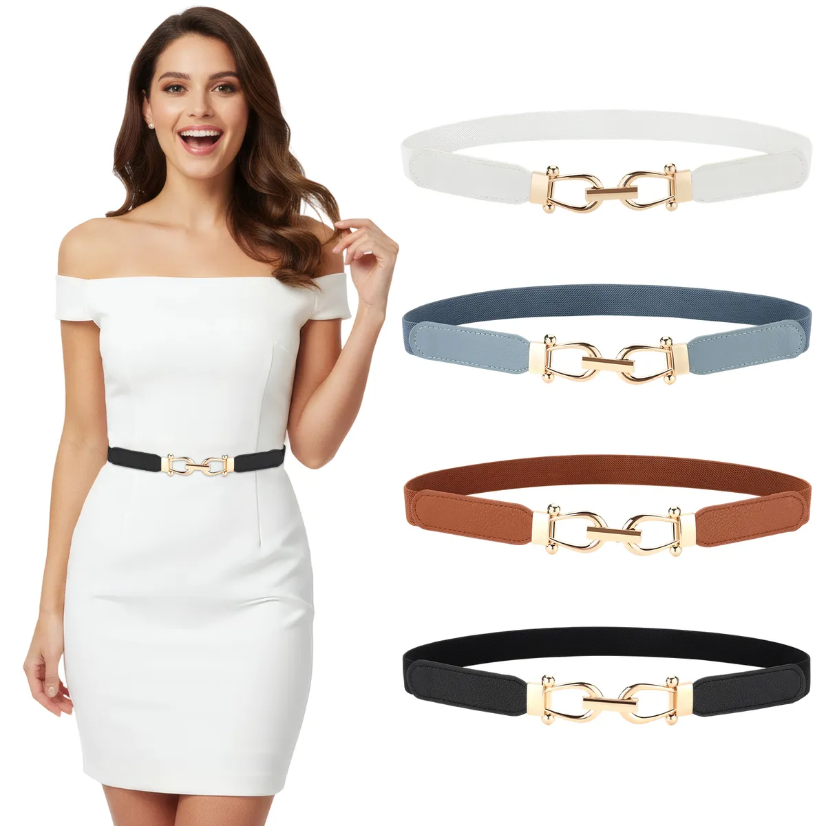 SLOWTON - Cinturón Elástico para Mujere Ajustable Casual Hebilla 4pcs