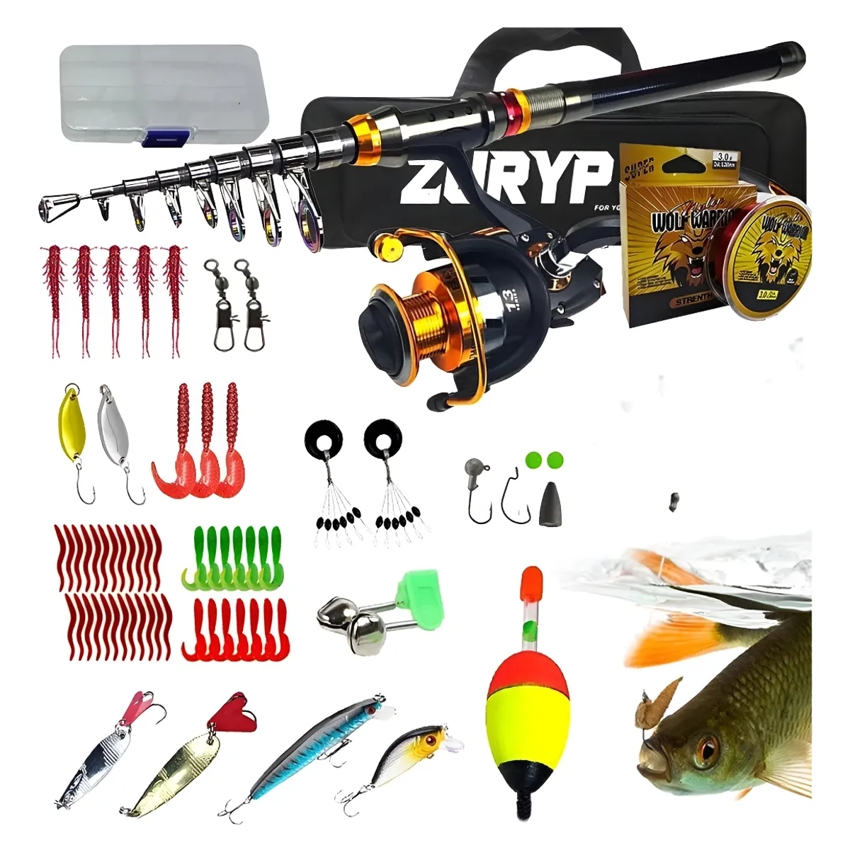 EASY FIT - Kit Pesca Caña Carrete Señuelo Accesorio Bolsa Completo