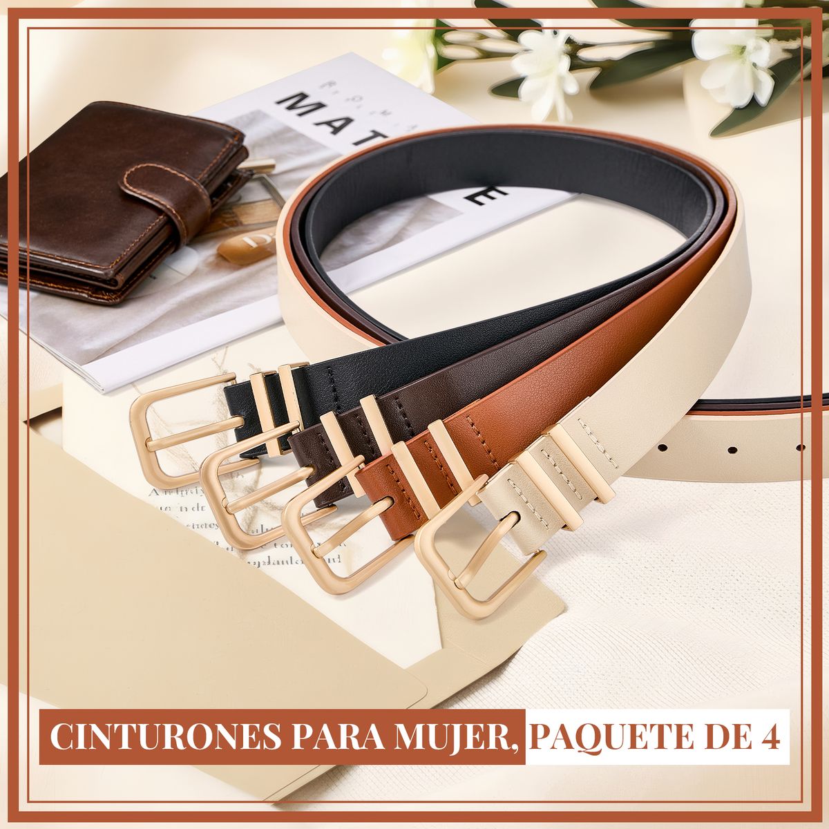 SLOWTON - 4pcs Cinturones Para Mujere Ajustable de Piel De Mujers Con Hebilla Dorada