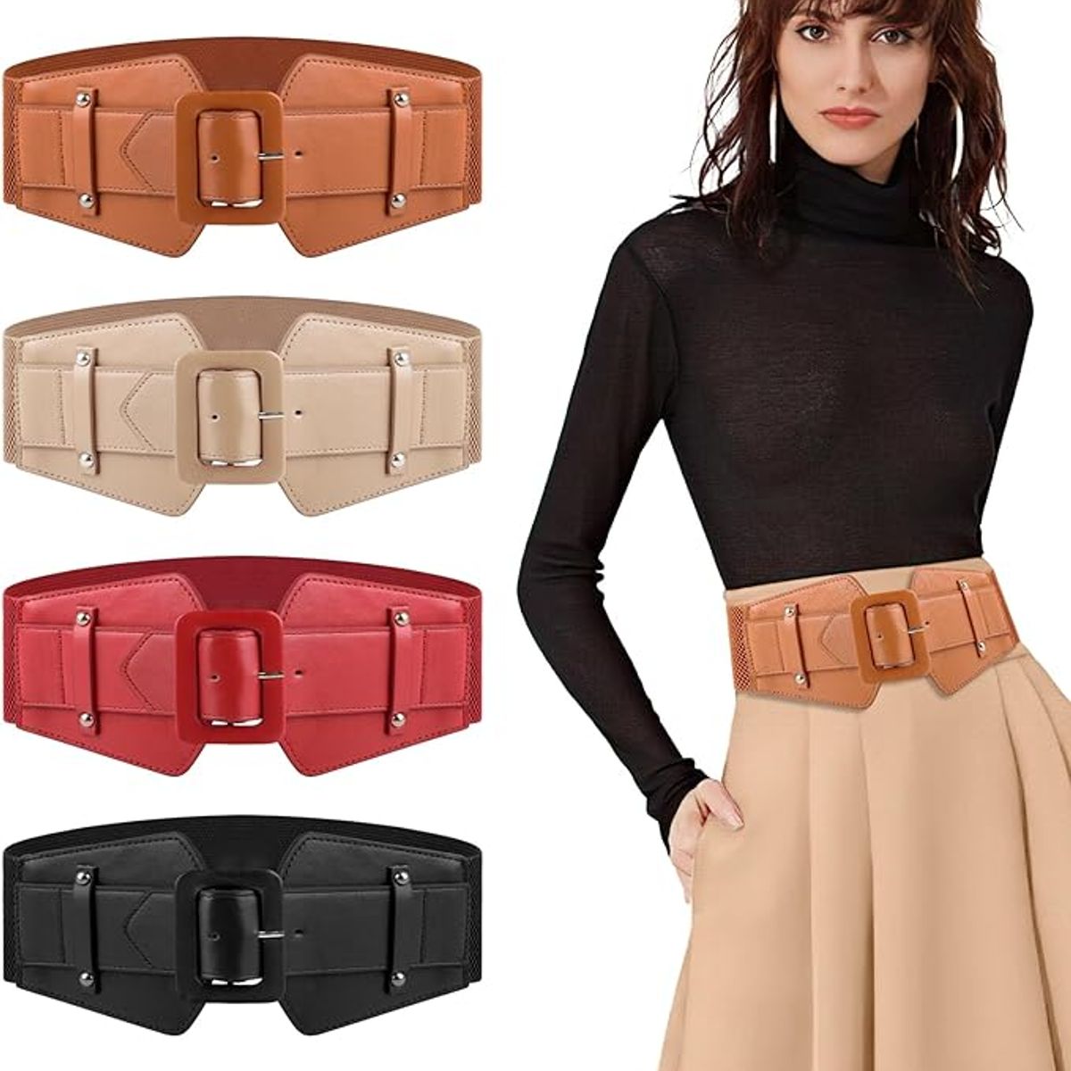 SLOWTON - Cinturon Ancho para Mujer Elástico de Piel Ajustable 2 PCS