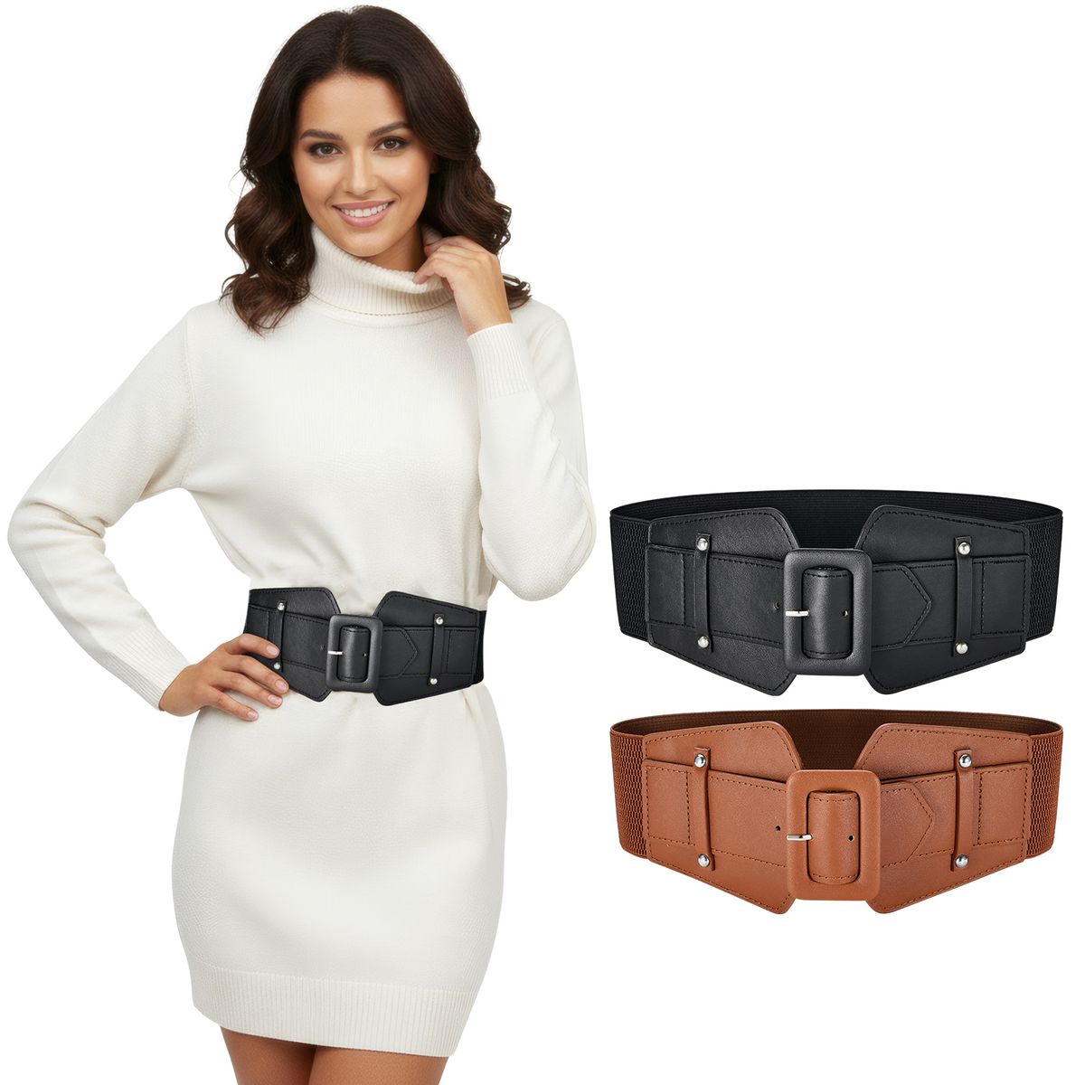 SLOWTON - Cinturon Ancho para Mujer Elástico de Piel Ajustable 2 PCS