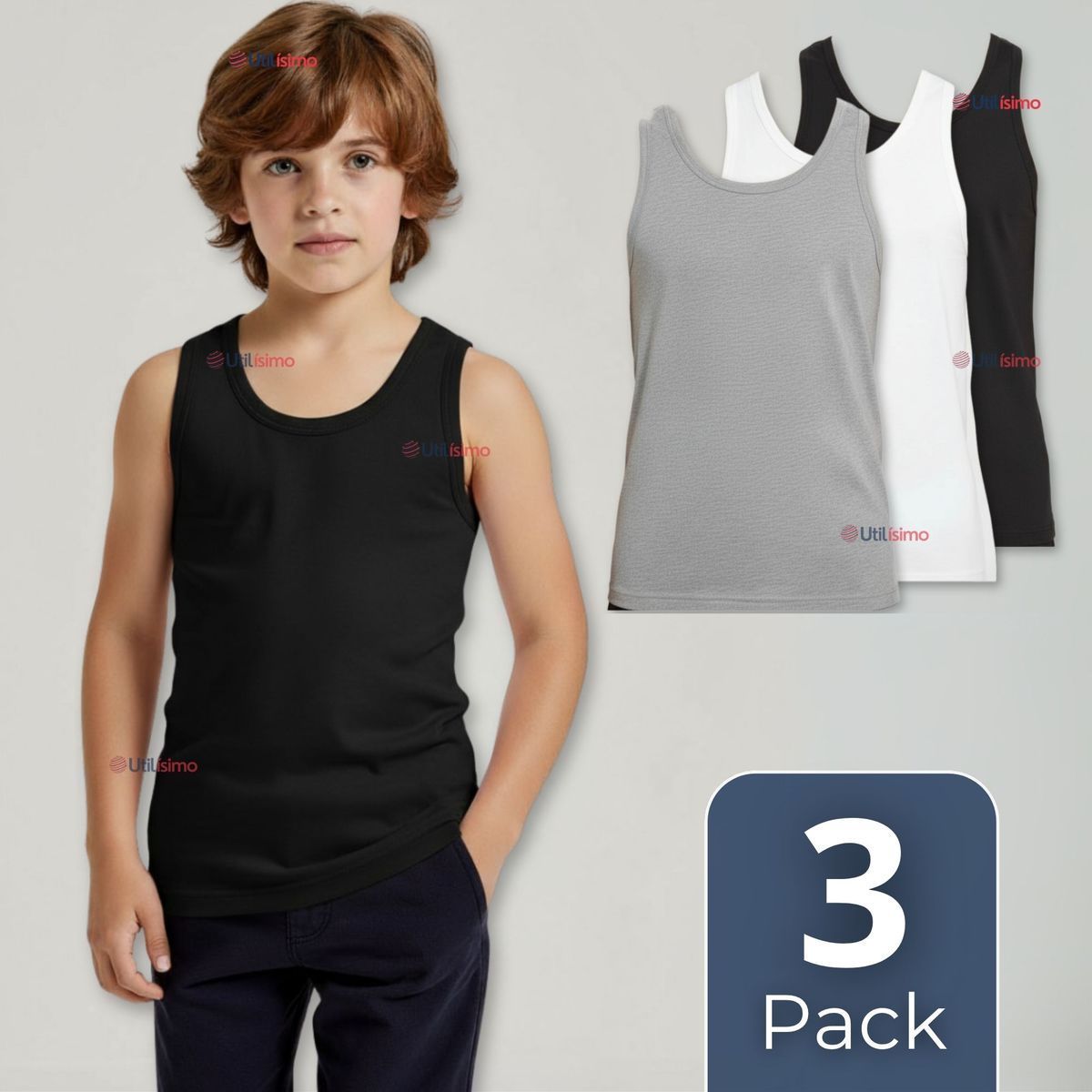 UTILISIMO - Pack 3 Camiseta Sin Manga Básica Suave 100% Algodón Colores Surtidos Niño y Juvenil