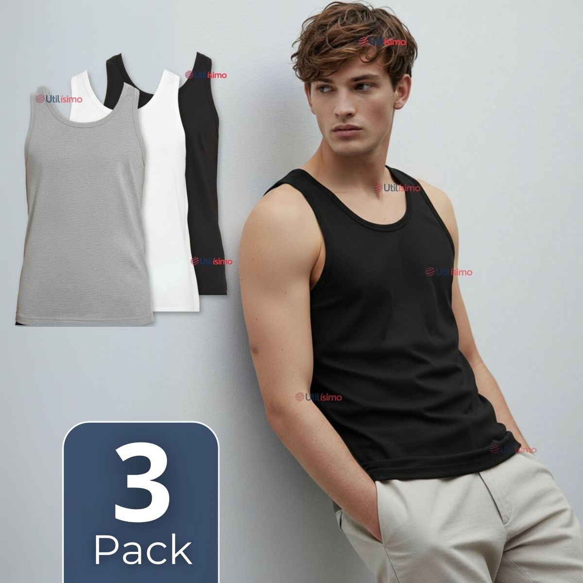 UTILISIMO - Pack 3 Camiseta Sin Manga Básica Suave 100% Algodón Colores Surtidos Niño Juvenil y Adulto