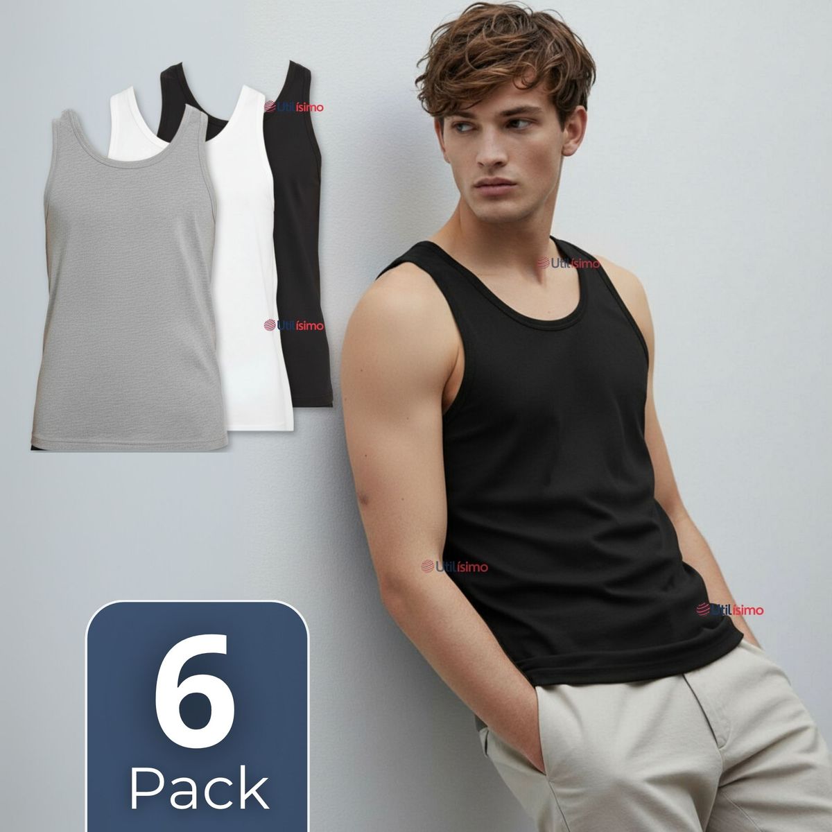 UTILISIMO - Pack 6 Camiseta Sin Manga Básica Suave 100% Algodón Colores Surtidos Niño Juvenil y adulto