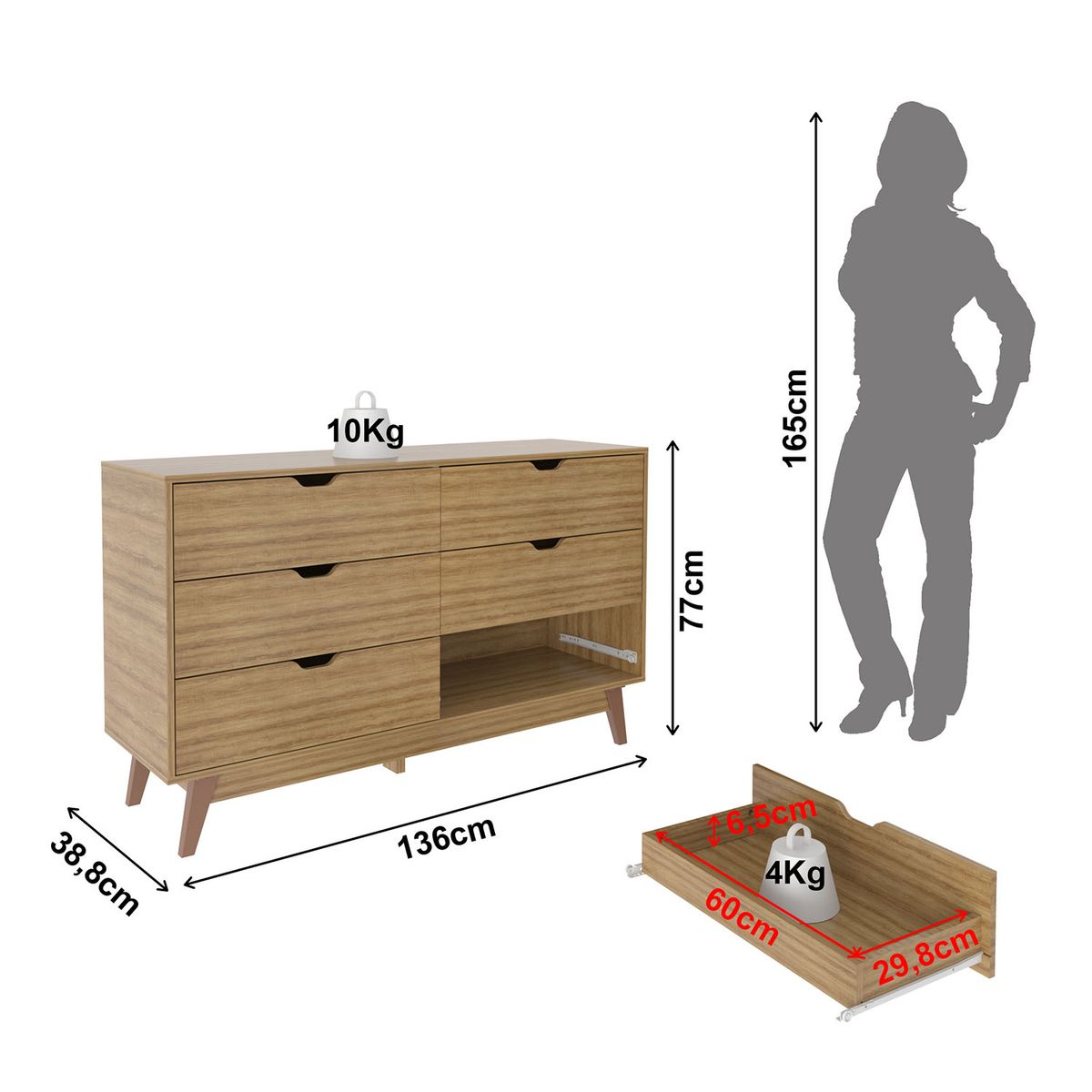 TECNOMOBILI - CÓMODA CON 6 CAJONES ALMENDRA 77x136x38,8cm.