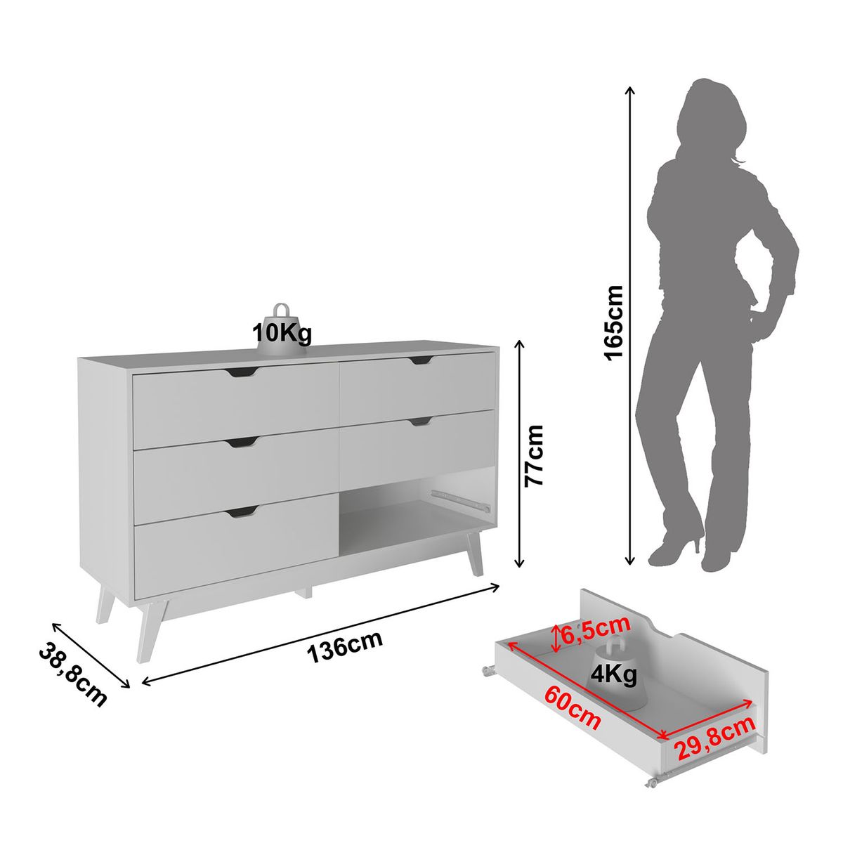 TECNOMOBILI - CÓMODA CON 6 CAJONES ALMENDRA 77x136x38,8cm.