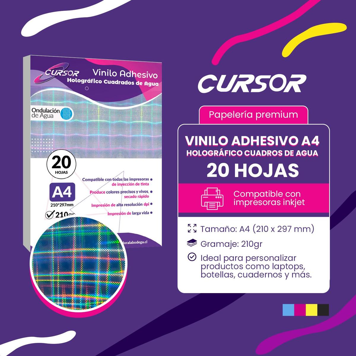 CURSOR - Vinilo Adhesivo Tornasol Cuadrados Agua Imprimible A4 20hjs