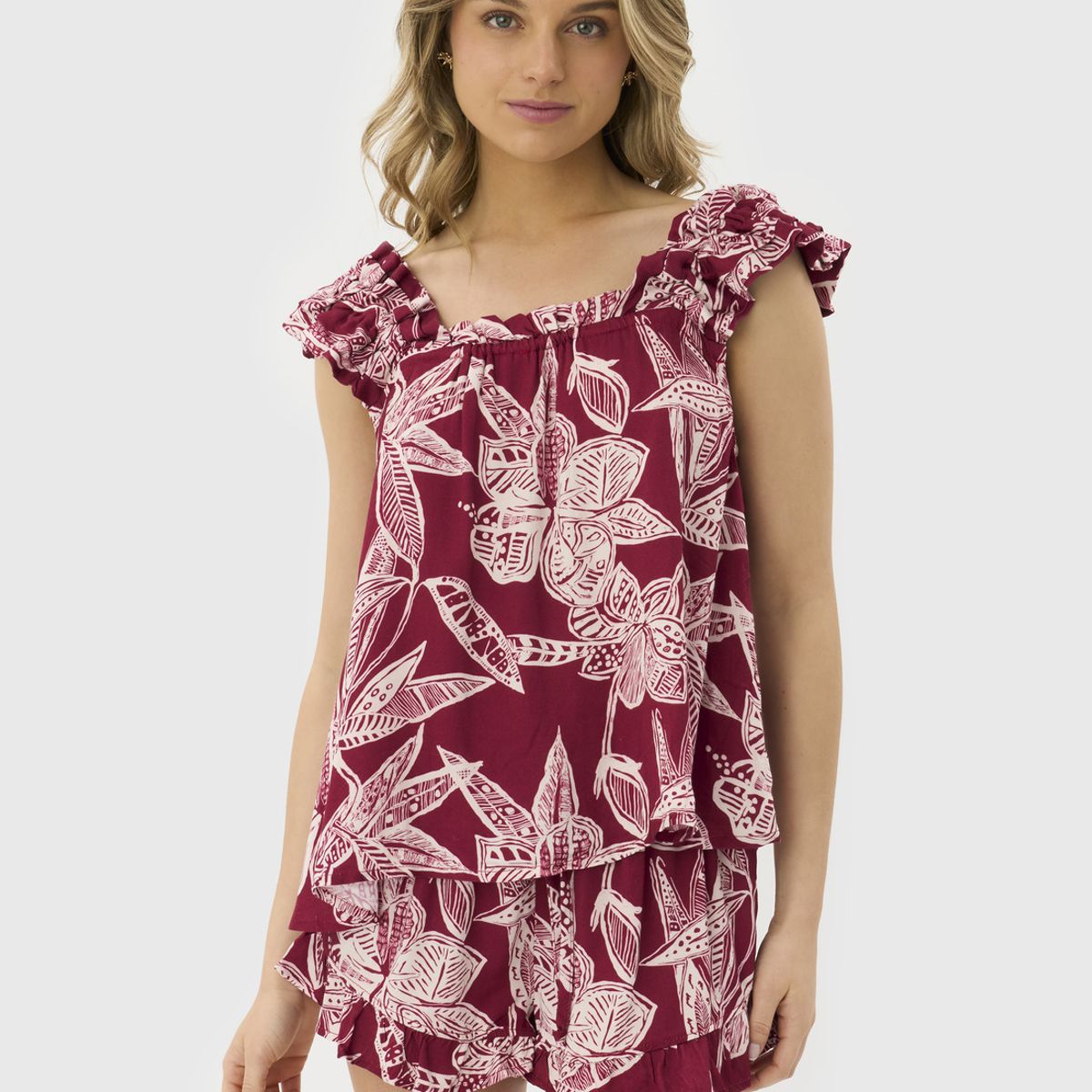 LOUNGE - Pijama Mujer Con Vuelos Hojas