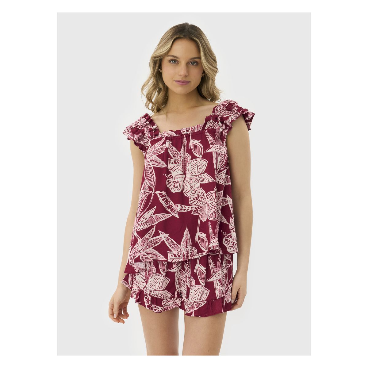 LOUNGE - Pijama Mujer Con Vuelos Hojas