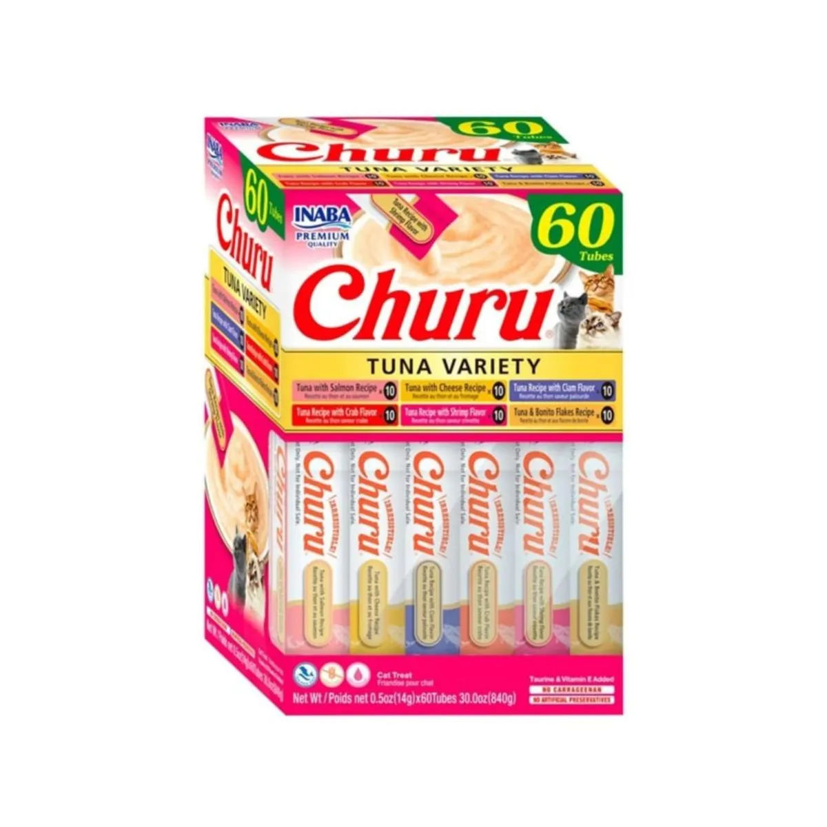 INABA - Churu Gatos Variedad Atún 60 Tubos 14g Snack Cremoso