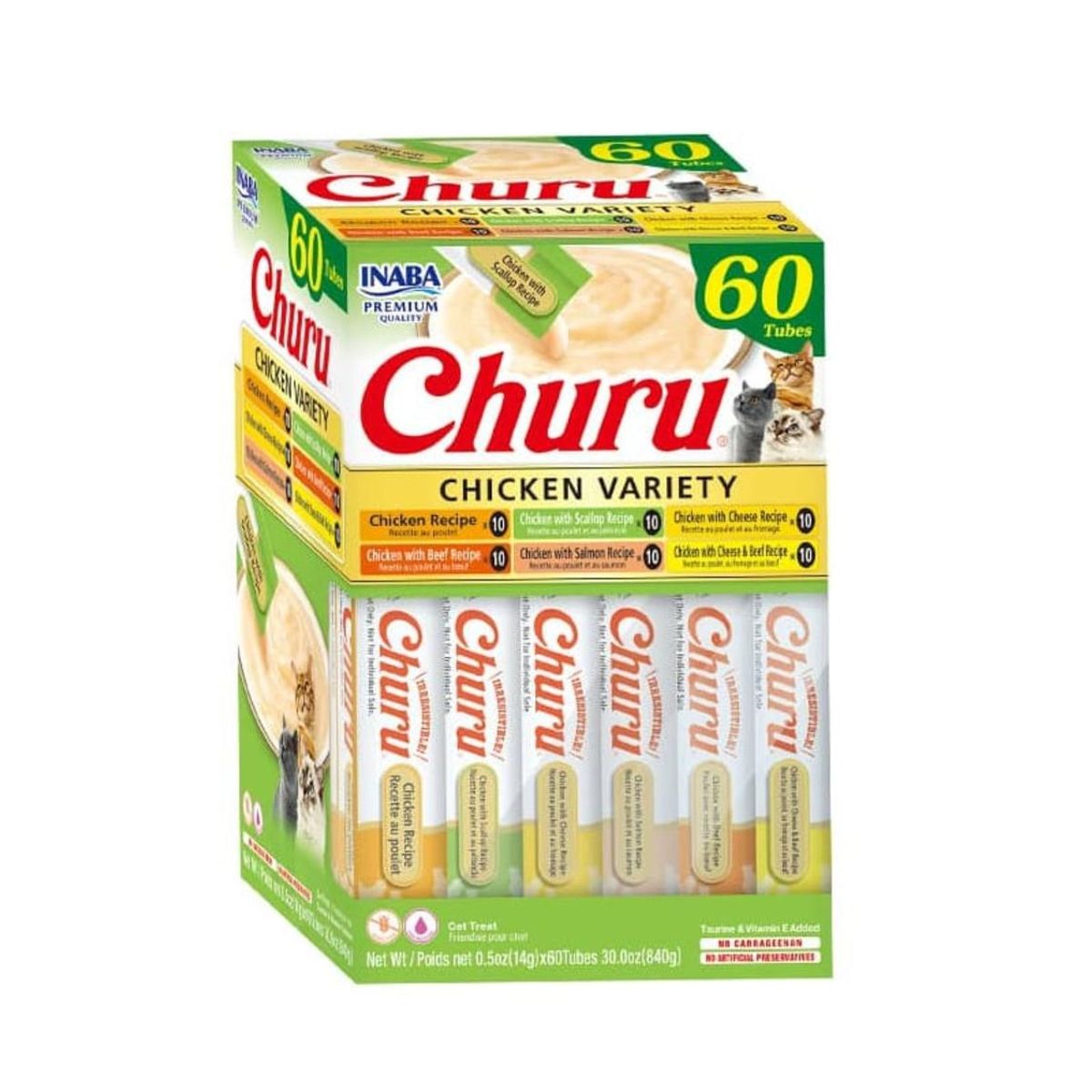 INABA - Churu Gatos Variedad Pollo 60 Tubos 14g Snack Cremoso