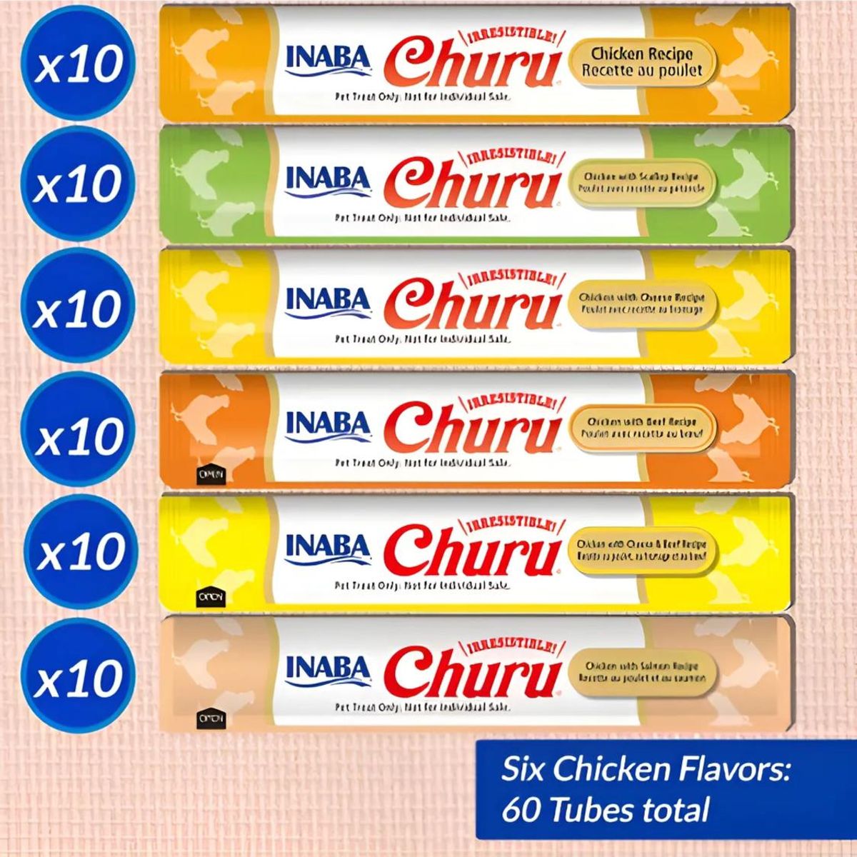 INABA - Churu Gatos Variedad Pollo 60 Tubos 14g Snack Cremoso