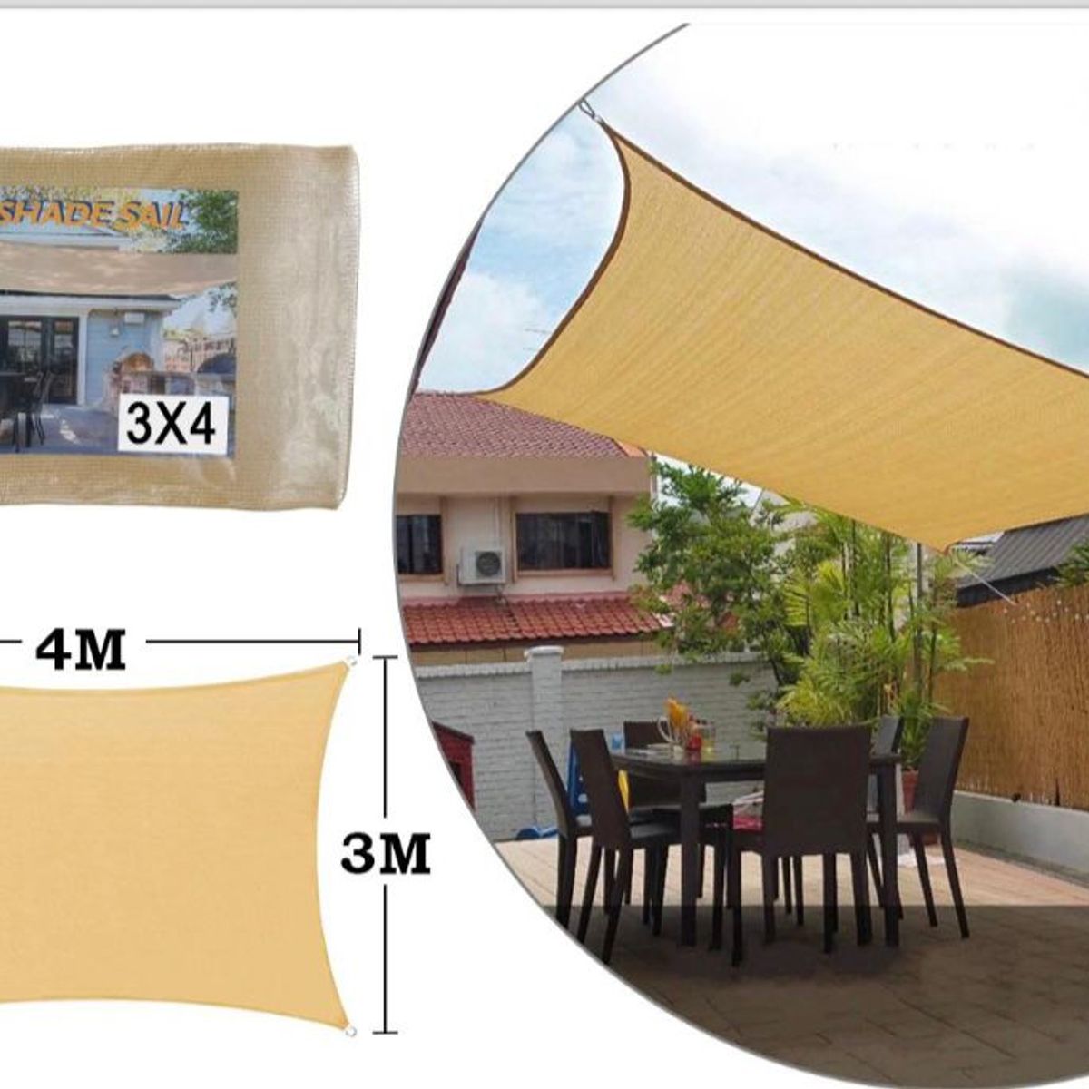 GENERICO - Toldo Vela Malla Sombra cuadrado 3x4 Metros Beige con cuerdas y hebillas fácil instalación