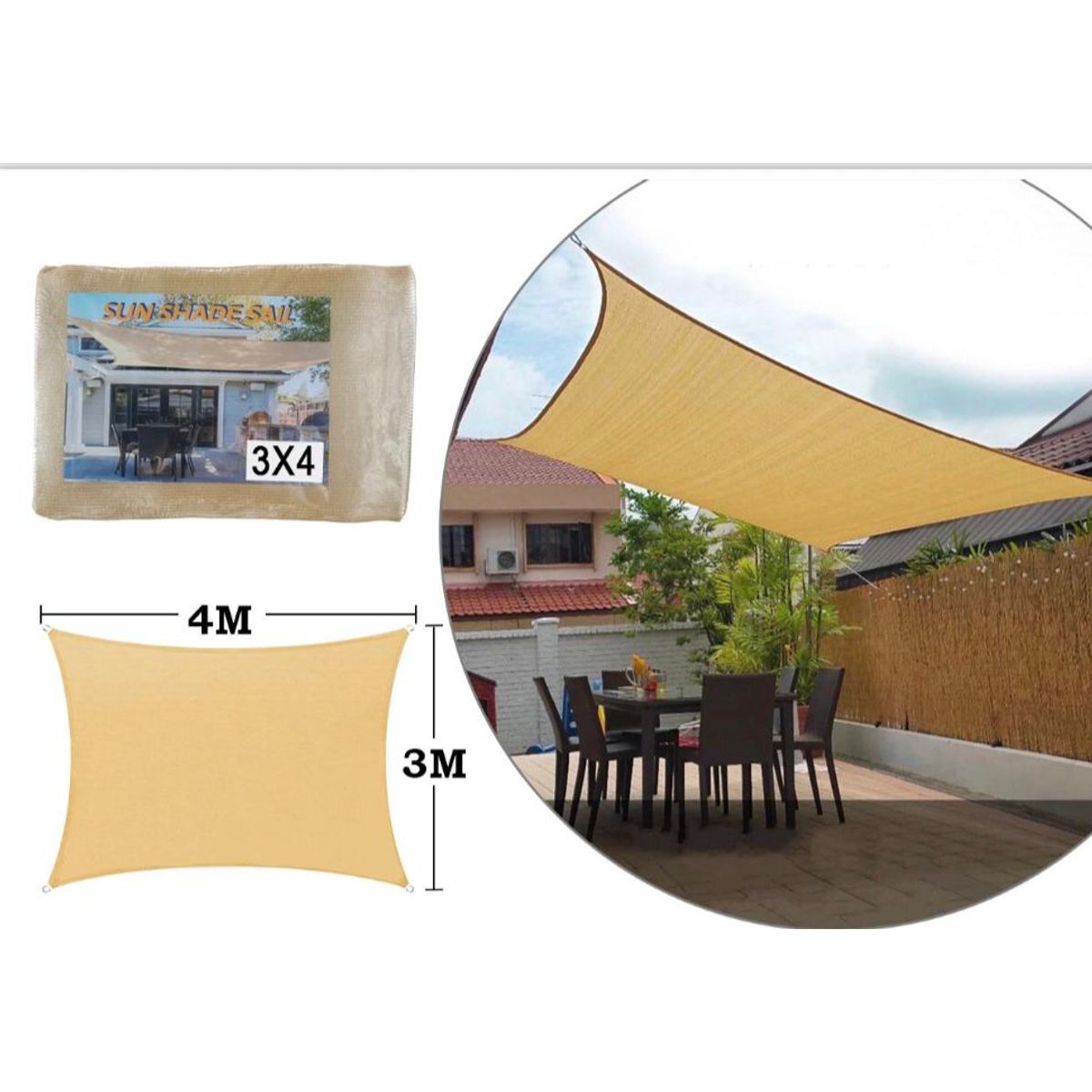 GENERICO - Toldo Vela Malla Sombra cuadrado 3x4 Metros Beige con cuerdas y hebillas fácil instalación