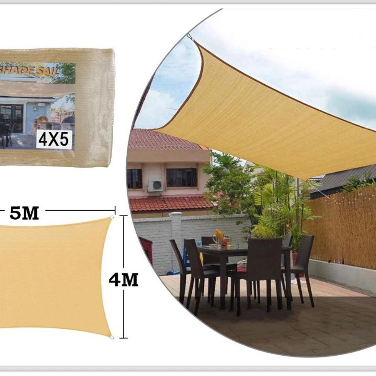 GENERICO - Toldo Vela Malla Sombra cuadrado 4x5 Metros Beige con cuerdas y hebillas fácil instalación