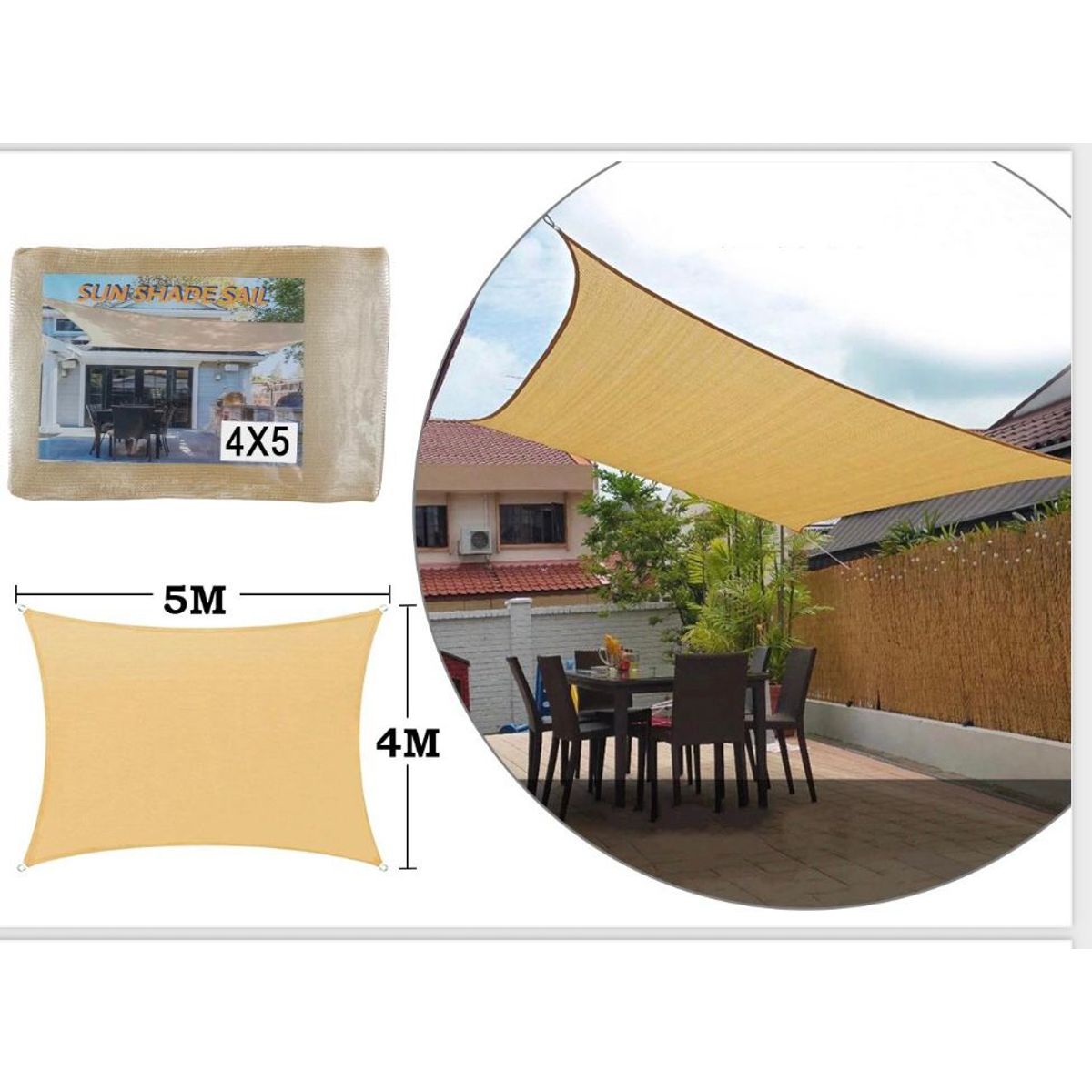 GENERICO - Toldo Vela Malla Sombra cuadrado 4x5 Metros Beige con cuerdas y hebillas fácil instalación