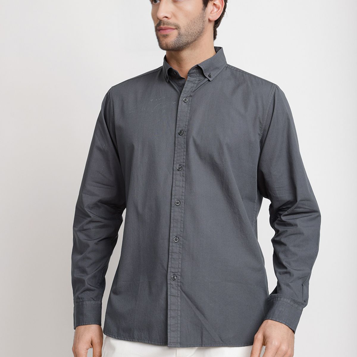TRIAL - Camisa Lisa Algodón Basilio Gris Oscuro