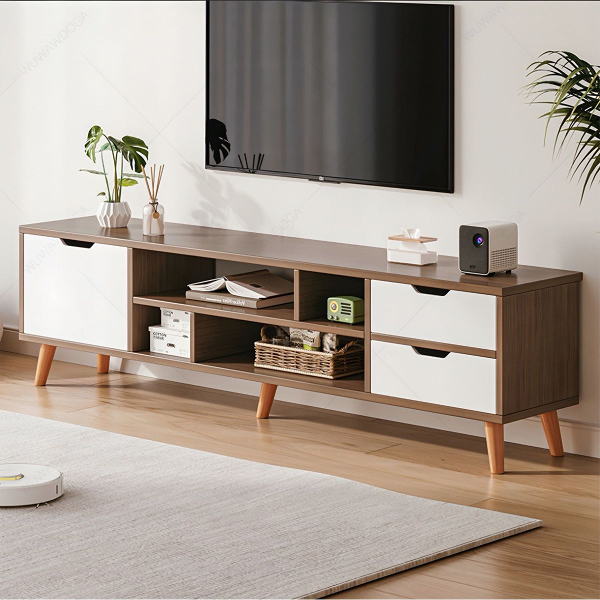 ACTUAL - Mueble de Tv Escandinavo 140x30x38 Cm Rack De Madera Con Cajones y Estantes