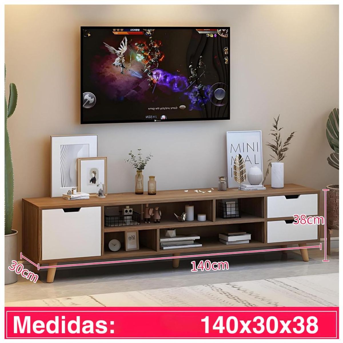 ACTUAL - Mueble de Tv Escandinavo 140x30x38 Cm Rack De Madera Con Cajones y Estantes