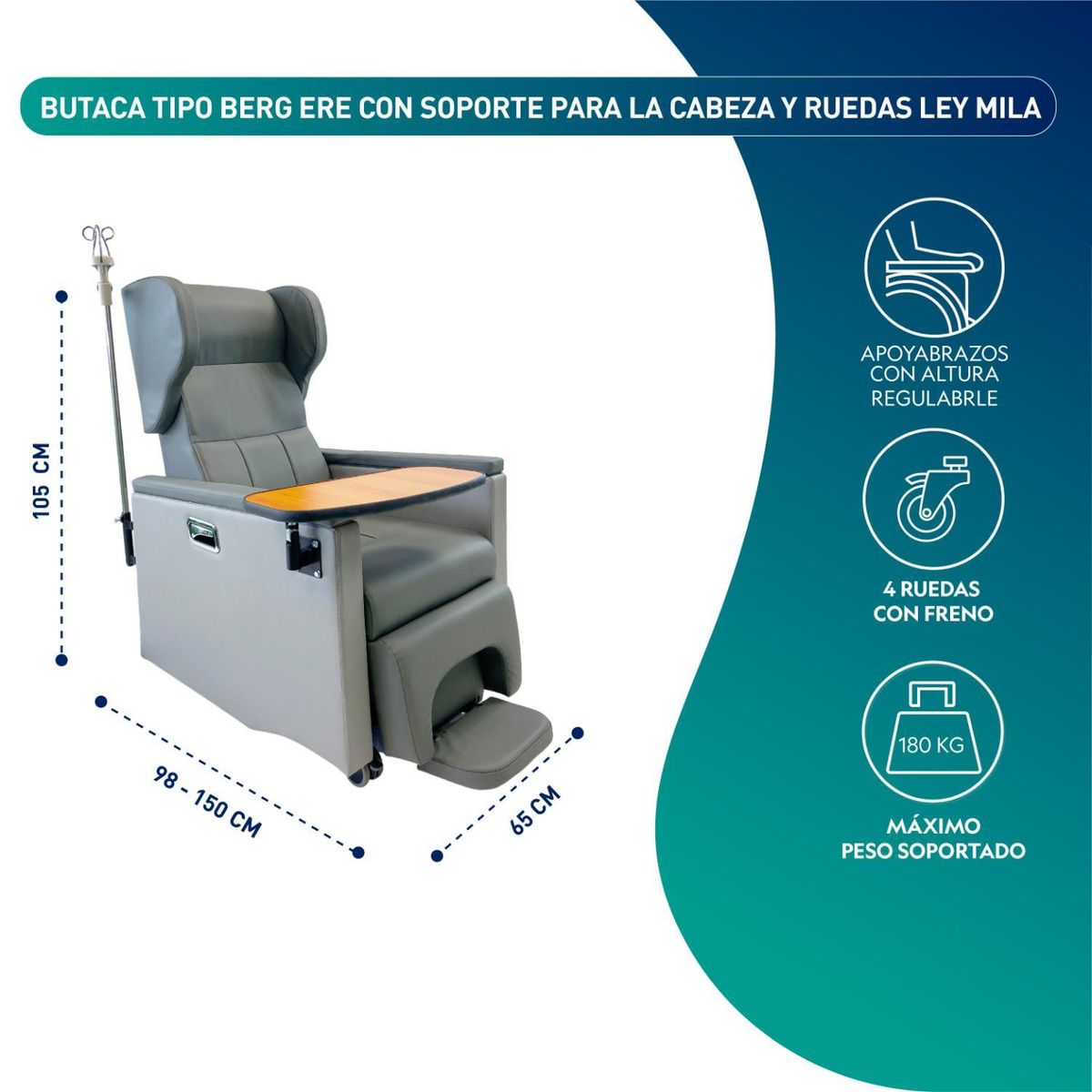GLOMED - Butaca Clínica Reclinable Soporte Cabeza Portasuero y Mesa