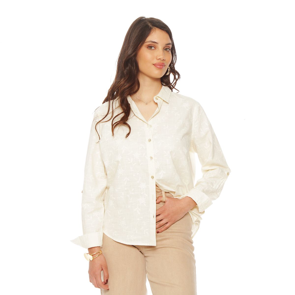 WADOS - BLUSA MANGA LARGA LINO BORDADO ABOTONADA EN DELANTERO